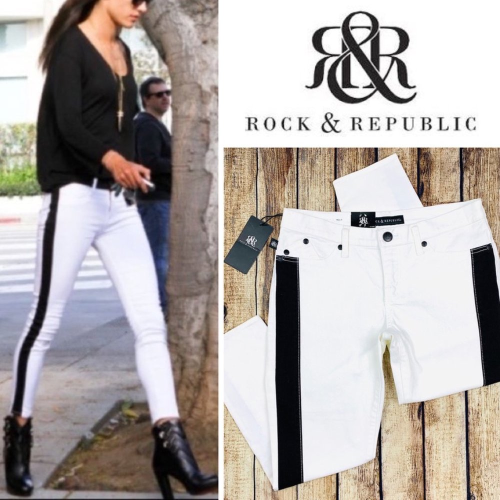 NWT Rock & Republic White Ankle Jeans with Black Side Stripe